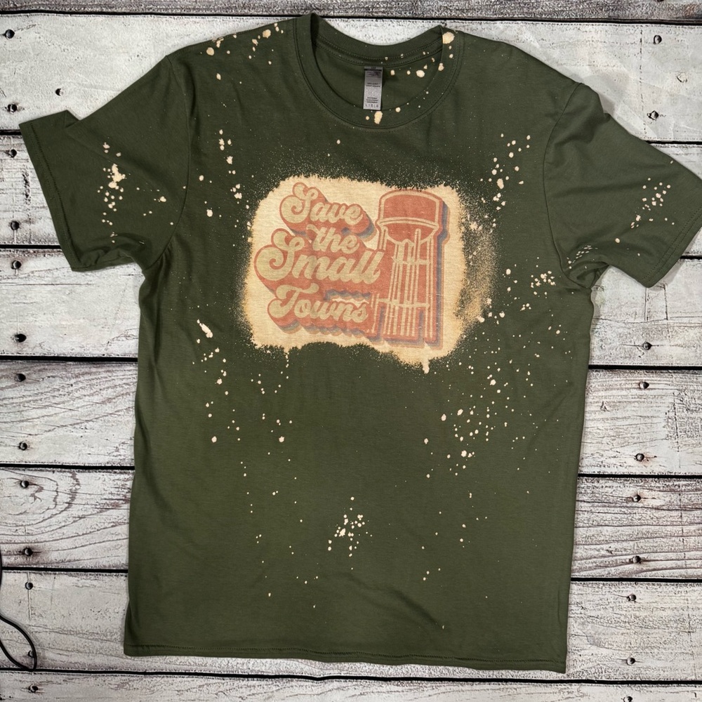 Gildan Save the Small‎ Towns Graphic T-Shirt Green Bleach Splatter Mens Large - Picture 12 of 12